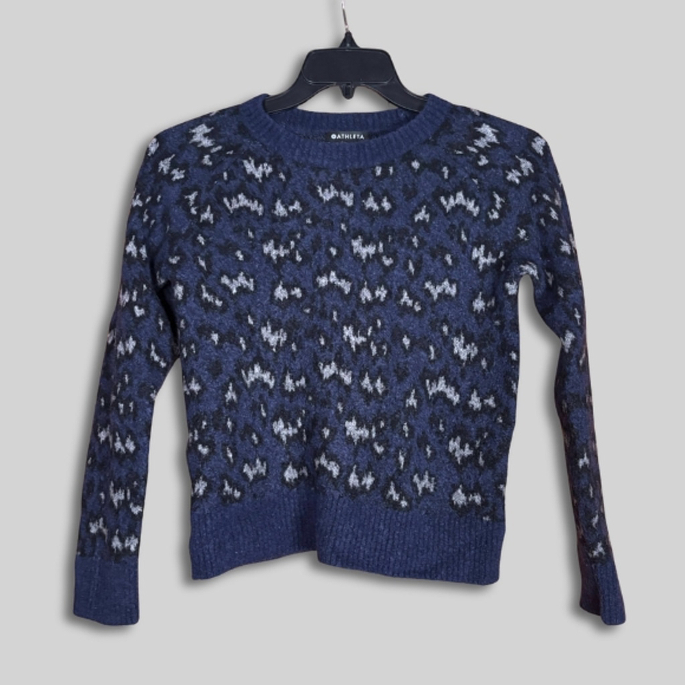 Athleta Hawthorn Crew Sweater Fine Merino Wool Blend Leopard Print Navy Blue XS